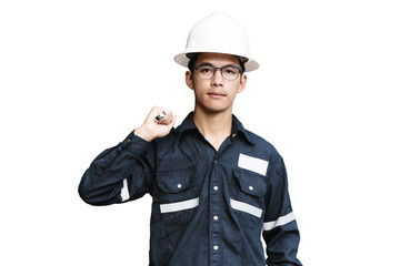 Asian man,Engineer or Technician in white helmet, glasses and blue working shirt suit holding wrench, isolated on white, mechanic and Oil and Gas industrial concept with clipping path