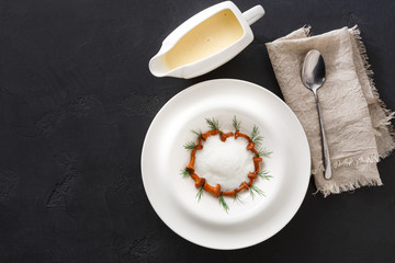 Delicious cream soup with honey fungus top view