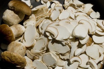 several specimens of Boletus Edulis (Porcino), edible fungus, cut across, white inside, fresh and ready to be cooked, high quality fungus, Madonna of Campiglio, Trentino Alto Adige, Dolomites, Italy