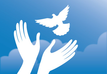 Freedom vector illustration. Hands with dove. Dove in the sky