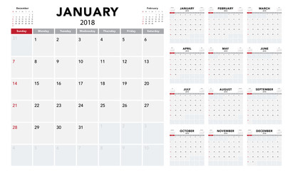 Calendar 2018 template design. Week starts from Sunday - obrazy, fototapety, plakaty