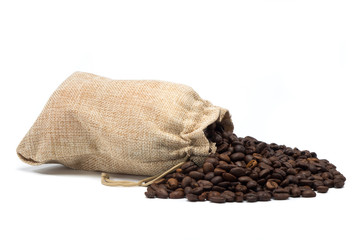 Coffee beans with burlap bag on white background