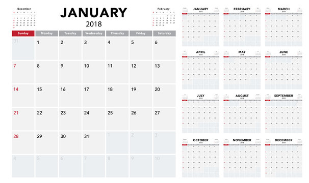 Calendar 2018 template design. Week starts from Sunday