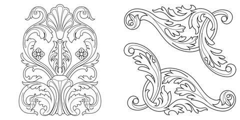 Set of vintage baroque ornament, corner. Retro pattern antique style acanthus. Decorative design element filigree calligraphy vector. - stock vector