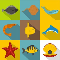 Underwater animal icon set, flat style