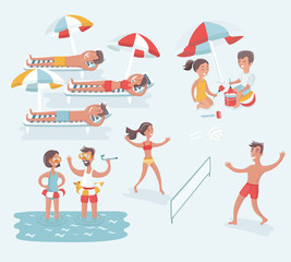 Aerial view of summer beach in flat design style. Slippers and towel, starfish and summertime, relaxation summer tourism, vector illustration