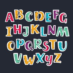 Hand drawn marker colorful uppercase alphabet. Kid style drawing font and signs.