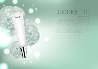 Cosmetic ads template, Beauty cosmetic tube serum, moisturizer on green camellia and glowing light