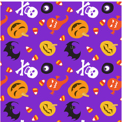 Halloween seamless pattern background scrapbook paper, gift wrap paper, for Halloween holiday vector items in orange, yellow, white colors and purple background.