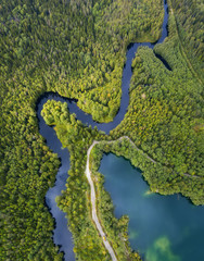 River and lake in the forest. Aerial landscape from drone