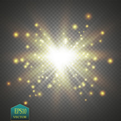 Glow light effect. Starburst with sparkles on transparent background. Vector illustration.