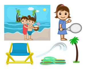 Obraz na płótnie Canvas Cartoon Kids and Beach Elements
