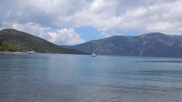 The bay of Skinos with green and turquoise sea in Ithaka or Ithaca island in Greece. Speedy version.