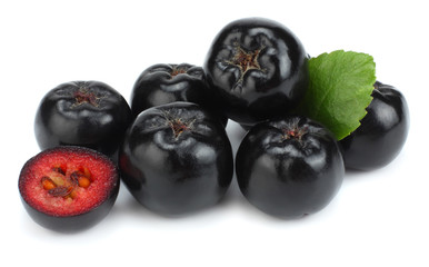 Chokeberry with leaf isolated on white background. Black aronia