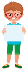 Vector cartoon illustration of a cute little boy in full length holding an empty blank in his hand