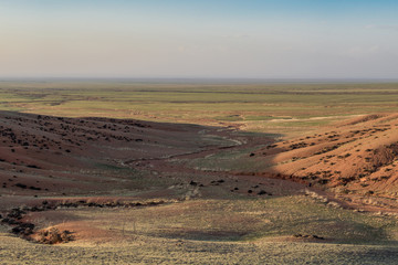 Panoramic view of picturesque landscape with plants on hills 
