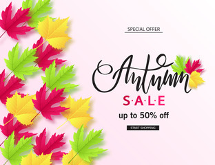Autumn sale poster with colorful leaves . Vector illustration for banners, posters, email and newsletter designs, ads, coupons, promotional material.