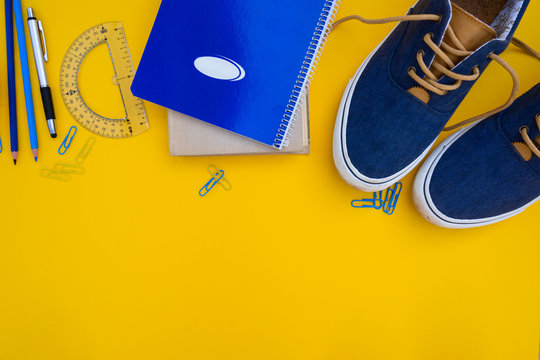 Back To School Border - Pair Of Blue Shoes With School Supplies