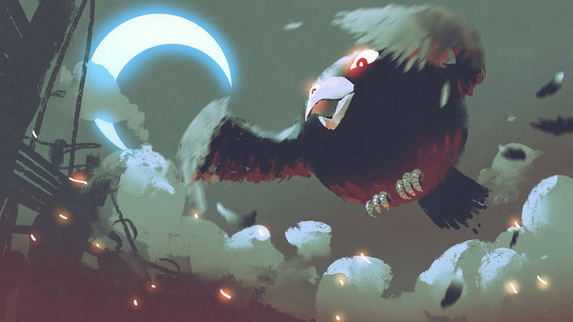 giant fat bird flying in the night sky with crescent moon, digital art style, illustration painting