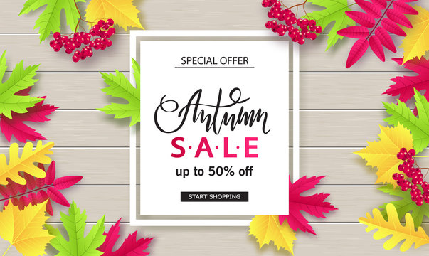 Autumn sale poster with colorful leaves . Vector illustration for banners, posters, email and newsletter designs, ads, coupons, promotional material.