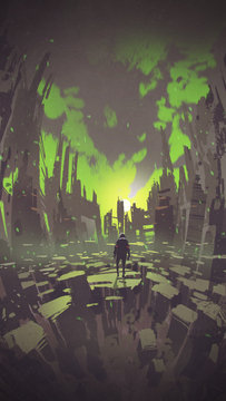 man standing in abstract city looking sunset with green sky, digital art style, illustration painting