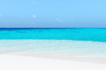Go for a vacation. Turquoise water in the lagoon. Indian Ocean. White sand beach. Maldives. Tropical island.