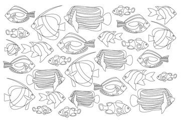 Outlined coral fishes horizontal coloring page. Tropical fish coloring card.