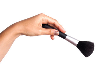 Women's hand with cosmetic accessories:powderbrush