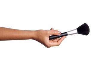 Women's hand with cosmetic accessories:powderbrush