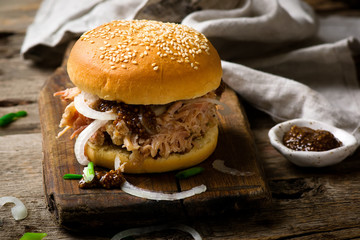 stewed pork  sandwich....style rustic.