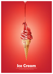 Red soft ice cream cone, Pour red syrup, strawberry raspberry fruit flavor, Vector illustration