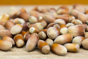 Hazelnut. Fresh organic filbert. Nuts on wooden background.