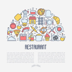 Restaurant concept in half circle with thin line icons: chef, kitchenware, food, beverages for menu or print media. Vector illustration for banner, web page.