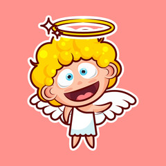 Sticker emoji emoticon, emotion, hi, hello waving his hand greeting vector illustration happy character sweet divine entity, cute heavenly angel, saint spirit, angel wings, radiant halo
