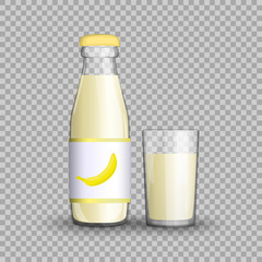 Banana juice in a transparent glass bottle isolated in a glass cup on transparent background. Vector illustration of summer healthy, fruit drink packaged with vitamins for your projects.