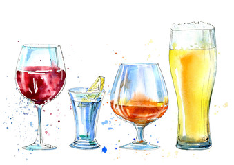 Wine, vodka with lemon, beer and cognac.Picture of a alcoholic drink.Watercolor hand drawn illustration.Isolated sketch.