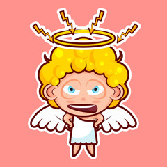 Sticker emoji emoticon, emotion swear, angry, lightning, vector isolated illustration character sweet divine entity, heavenly angel, saint spirit, wings, radiant halo