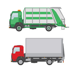 Garbage truck and  truck isolated on white background. Vector illustration. 
