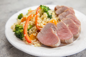 Bulgur with Vegetables and roast beef veal steak