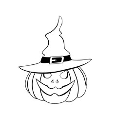 Halloween. Witch hat with pumpkin. Vector. Greeting card or invitation for a party and a party