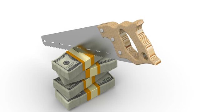 Cutting funding. Stack of packs of 100 dollar American bills tied with a ribbon and sawn with a hacksaw