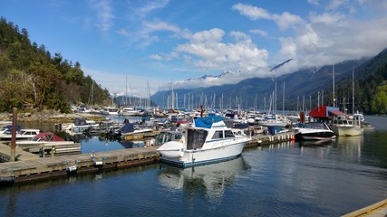 Fototapeta na wymiar Boats in Harbor with Mountains