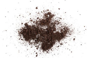 Pile of soil isolated on white background, top view