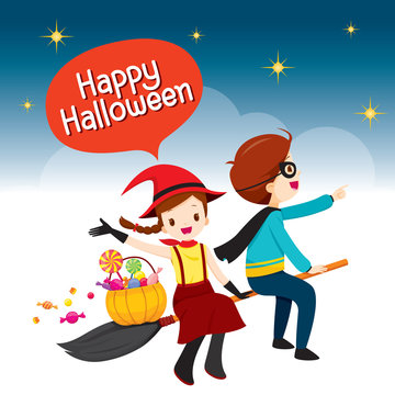 Children Sitting On Broom And Flying On Sky To Halloween Night Party, Mystery, Holiday, Culture, Halloween, Decoration, Fantasy, Night Party