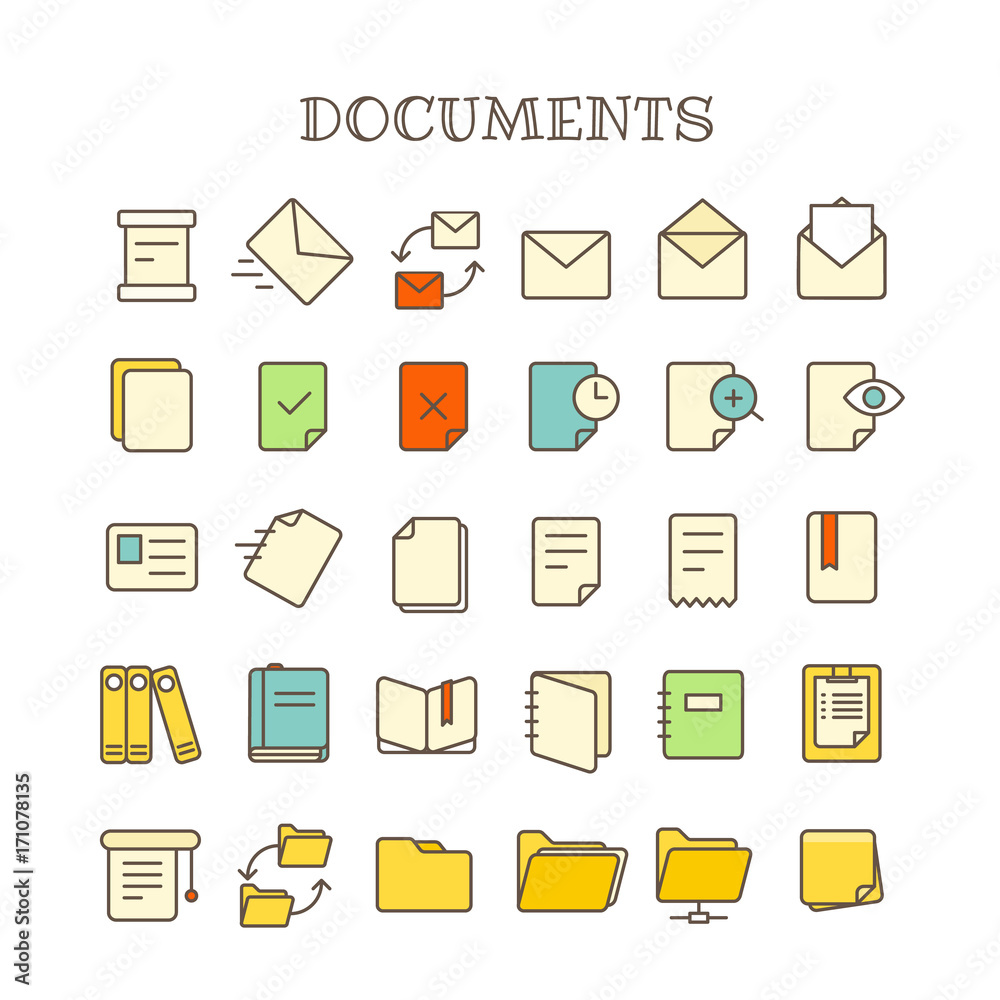 Poster Different paper documents thin line color icons vector set
