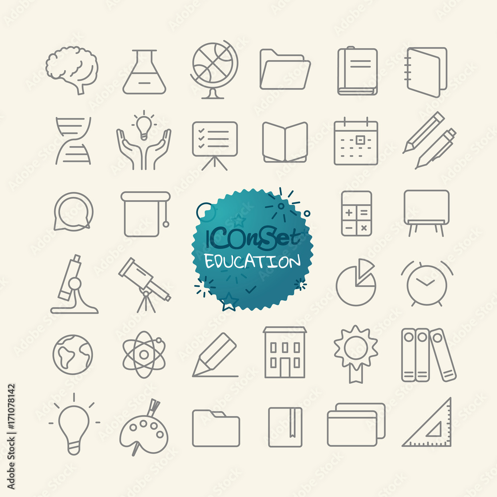 Poster different trendy outline icons collection. web and mobile app thin line icons set. education