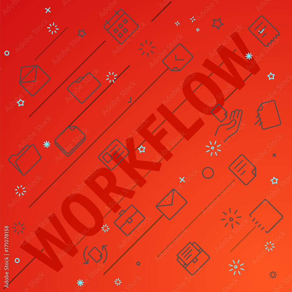 Poster Workflow concept. Different thin line icons included