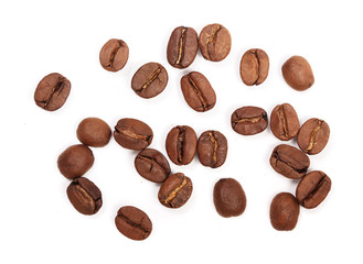 Coffee beans isolated on white background. Top view