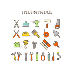 Different instruments thin line color icons vector set