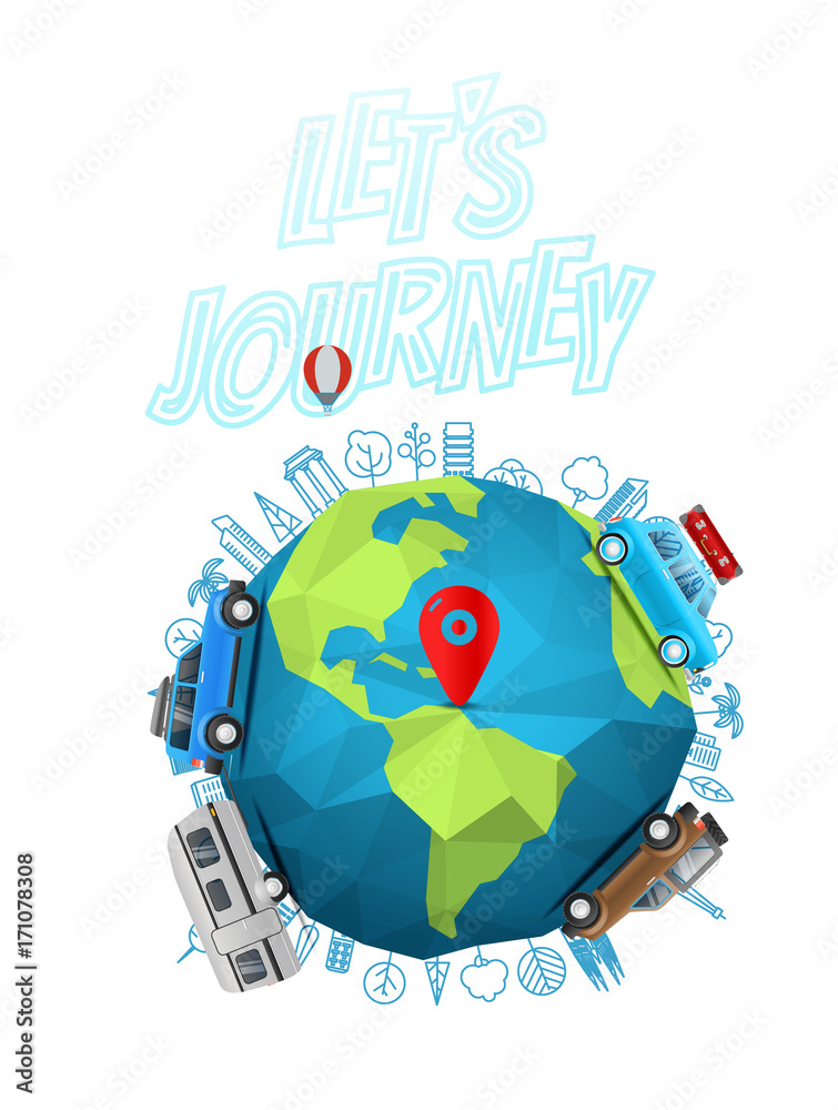 Poster lets journey concept. vector logo with the earth on blur background